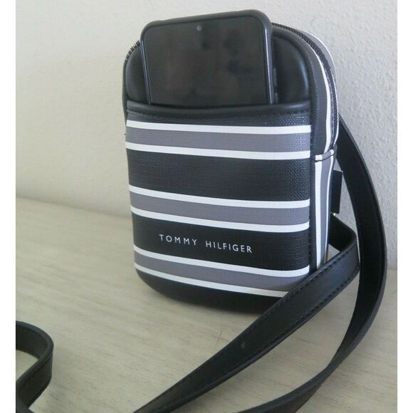 Tommy Hilfiger 69J4451 003 Black/Gray/White Striped PU Leather Crossbody Bag - Picture 6 of 7